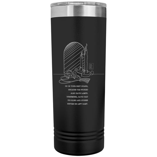 22oz Daily Commuter Tumbler with Single-Line Design and David and Goliath Quote, Best Guard, Readiness, Skinny Tumbler, Various Colors Available